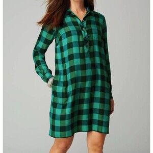 J Jill Plaid Green Check Long Sleeve Button Up Collared Pockets Shirt Dress Sz L